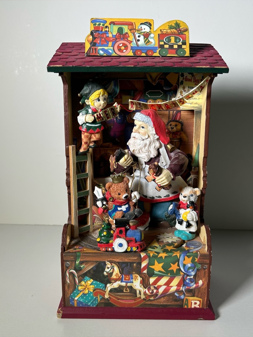 Santa Claus Christmas Animated Musical Wind Up Toy Shop Elves Wooden Decor